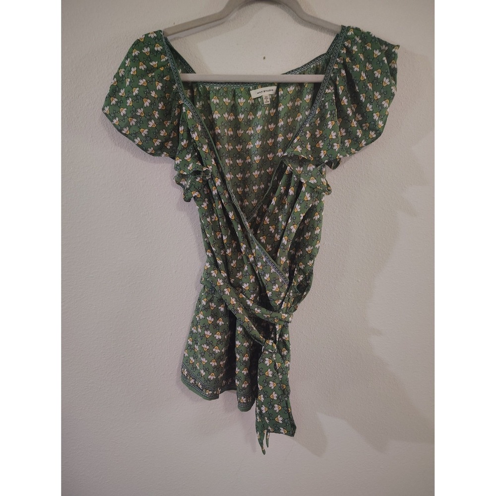 Max Studio Green Floral Wrap Top Short Flutter Sleeve Tie Waist‎ Blouse Medium